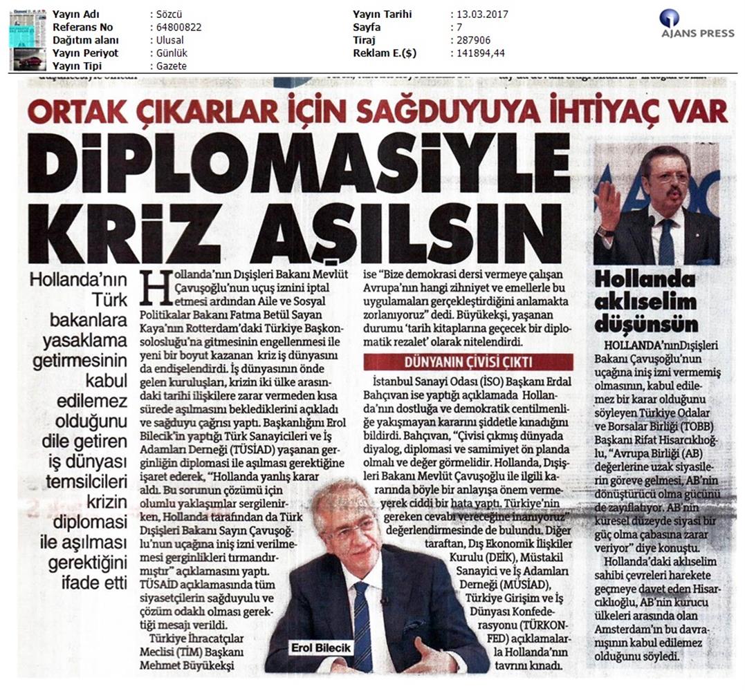 TÜRKONFED Türkiye Hollanda Diplomatik Kriz Basin Aciklamasi Medya Yansimalari 13 Mart 2017 - 13