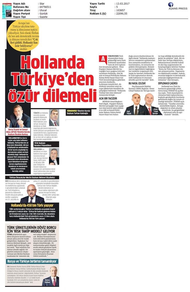 TÜRKONFED Türkiye Hollanda Diplomatik Kriz Basin Aciklamasi Medya Yansimalari 13 Mart 2017 - 17