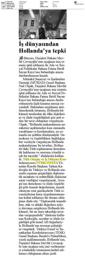 TÜRKONFED Türkiye Hollanda Diplomatik Kriz Basin Aciklamasi Medya Yansimalari 13 Mart 2017 - 18