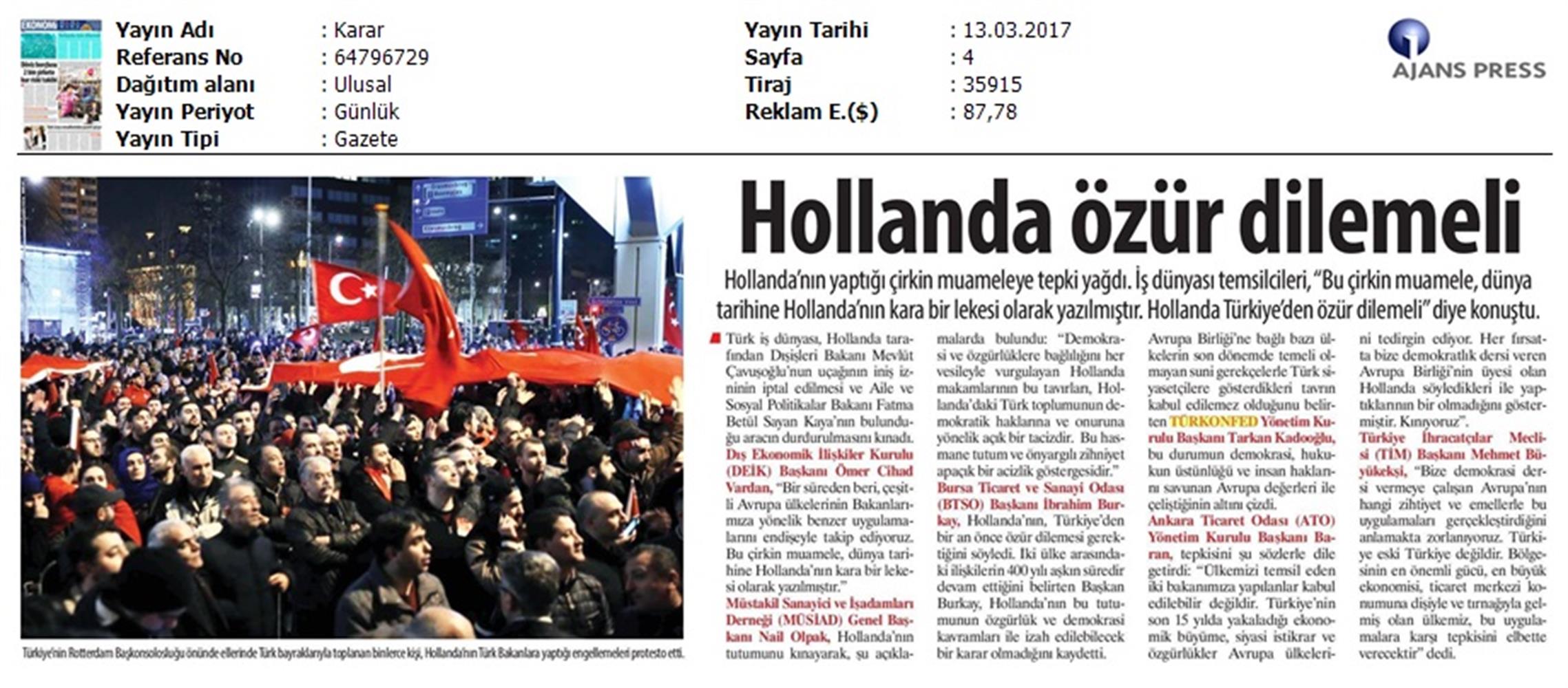 TÜRKONFED Türkiye Hollanda Diplomatik Kriz Basin Aciklamasi Medya Yansimalari 13 Mart 2017 - 19