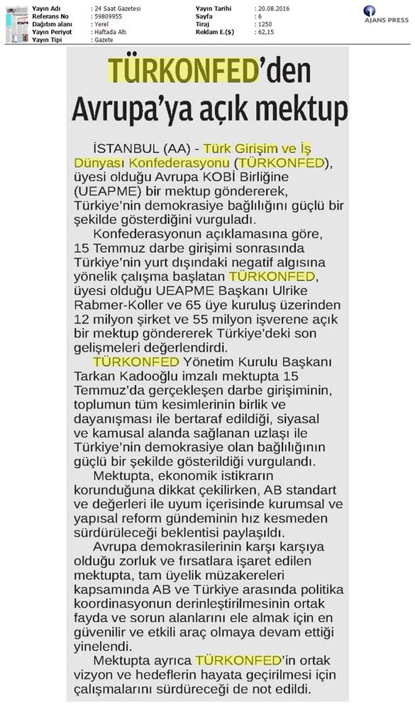 TÜRKONFED Ueapme Avrupaya Acik Mektup 19 Agustos 2016 - 1