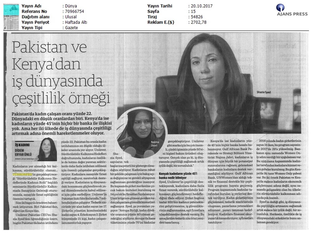 TÜRKONFED Undp Un Women Skh Kadinin Rolu Zirvesi Medya Yansimalari 19 Ekim 2017 - 23