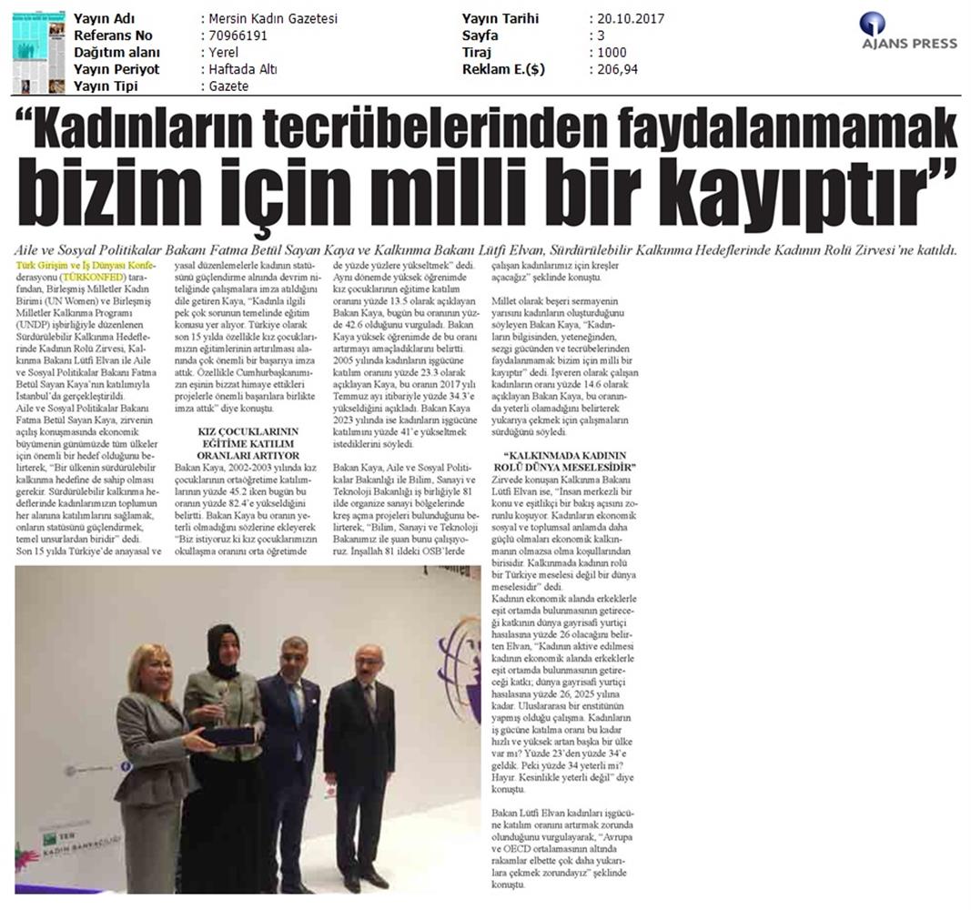 TÜRKONFED Undp Un Women Skh Kadinin Rolu Zirvesi Medya Yansimalari 19 Ekim 2017 - 28