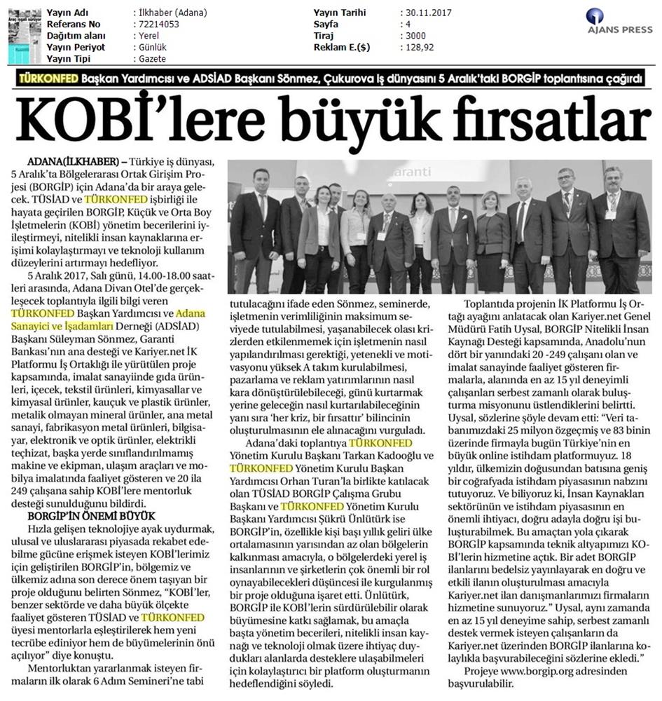 TÜRKONFED Ve TÜSİAD Borgip Adana Toplantısı On Medya Yansimalari 30 Kasim 5 Aralik 2017 - 2