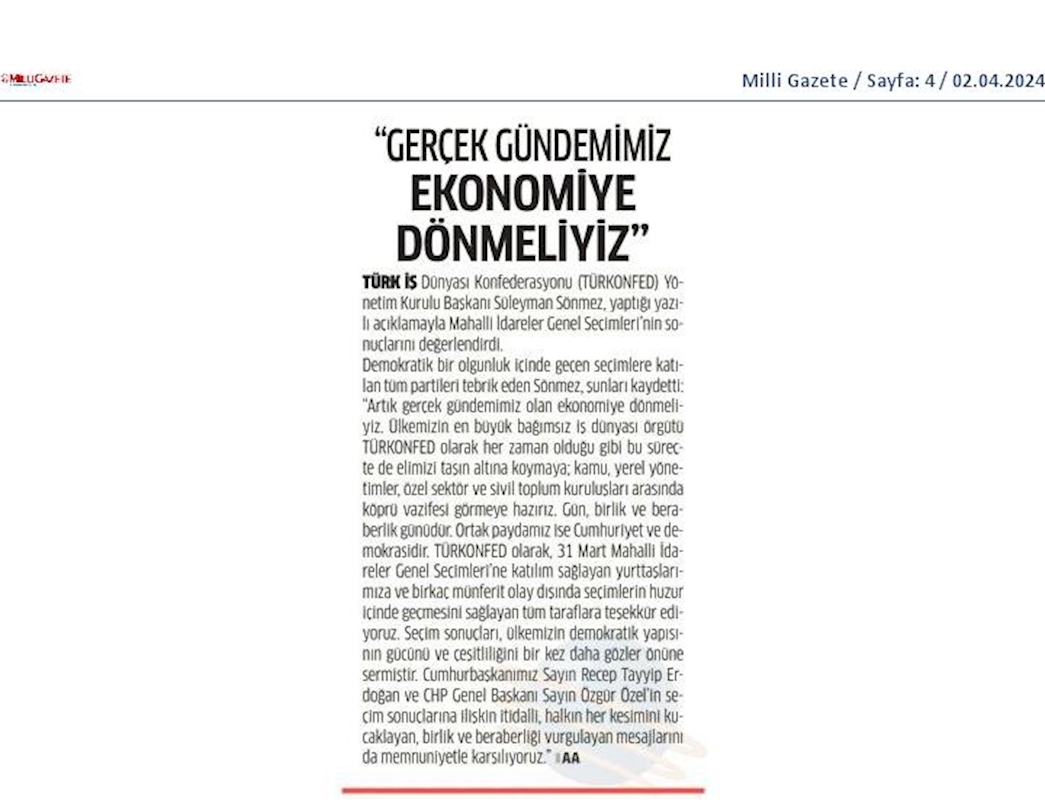 TÜRKONFED Yönetim Kurulu Başkani Suleyman Sönmez Gun Birlik Ve Beraberlik Gunudur - 23