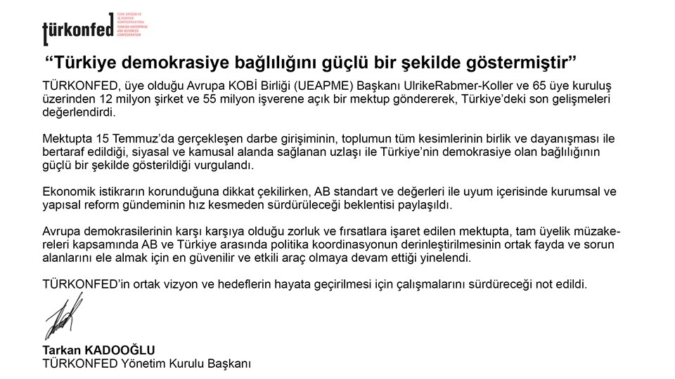 TÜRKONFED'den UEAPME ve Üyelerine Açık Mektup!